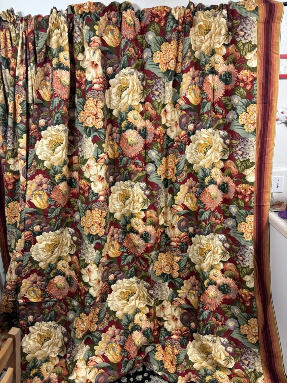 Vintage Floral Botanical Curtain Panels Drapes with striped edges